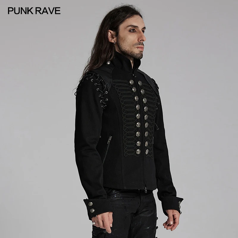 PUNK RAVE Men's Punk Woven Twill Military Jacket Vintage Buttons Visual Impact Casual Tops Men Black Coat  Autumn/Winter