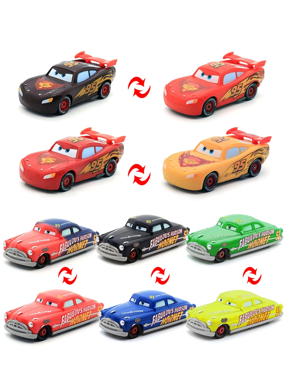 Pixar Cars Farbwechselndes Spielzeugauto Anime-Figuren Lightning McQueen Doc Hudson Metall-Druckgussmodell Kindergeburtstagsgeschenke