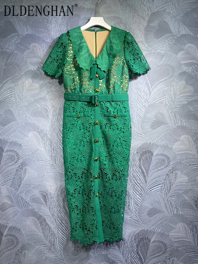 

DLDENGHAN Summer Pencil Dress Women Embroidery Turn-down Collar Hollow Out Water-Soluble Flower Vintage Dress Fashion New