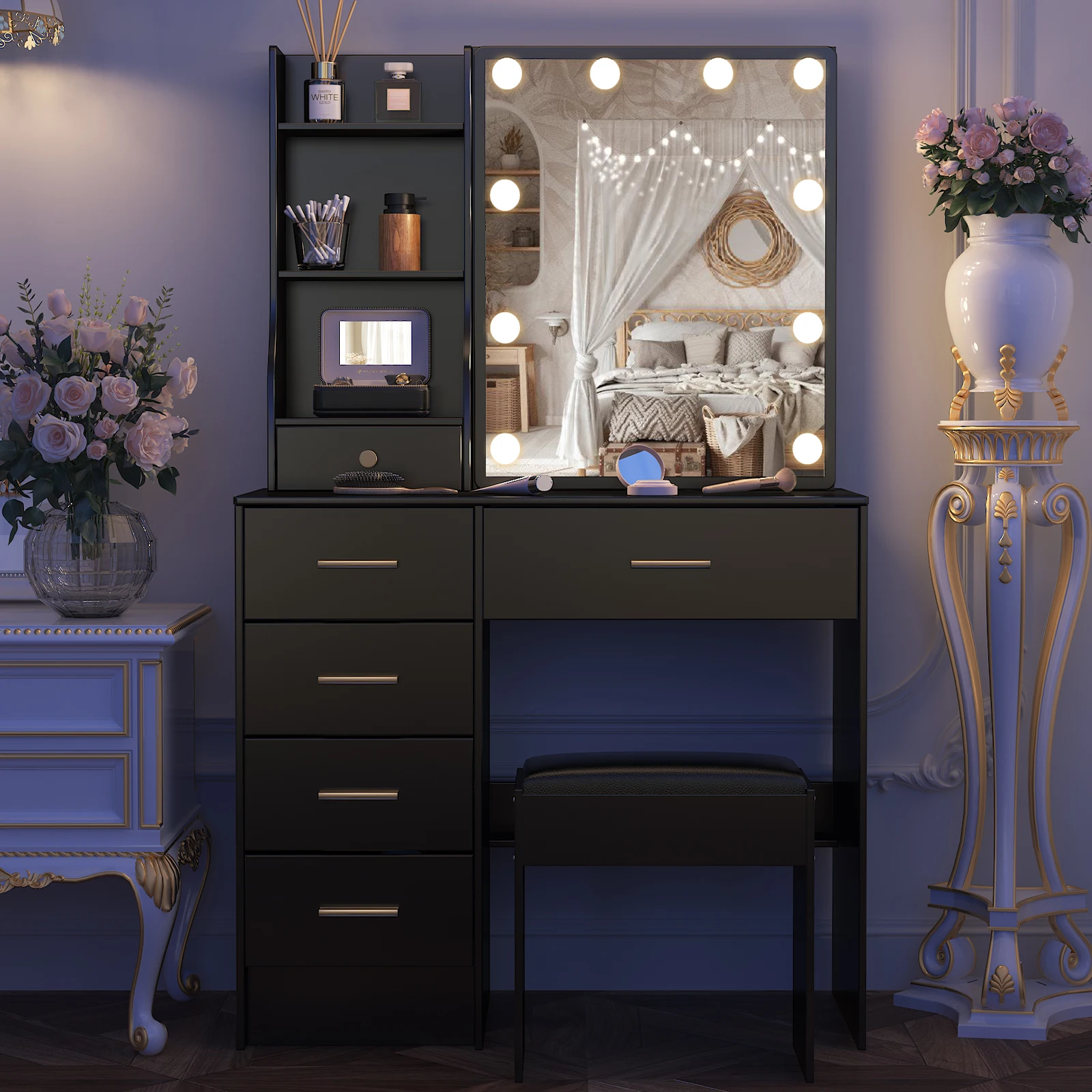 【صفقات 11.11، عروض الجمعة السوداء 2025】طاولة زينة سوداء مع مرآة وأضواء LED ومقعد وطاولة تزيين مكونة من 6 أدراج