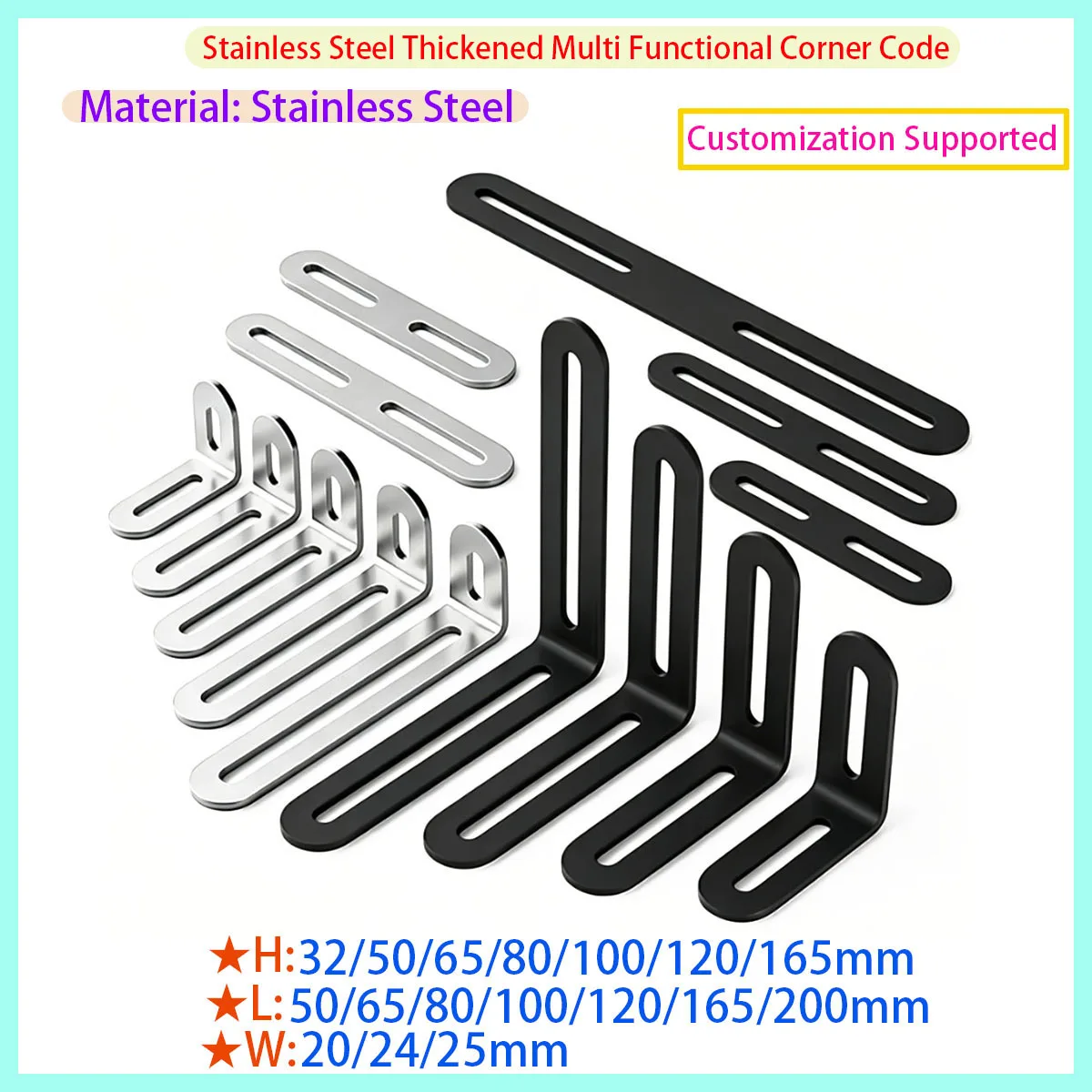 Black Stainless Steel L-shaped Adjustable Angle Code Long Hole Movable 90 ° Right Angle Furniture Fixator