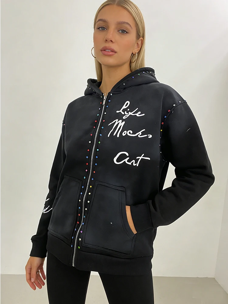 

Зима 2029, унисекс, модная уличная толстовка с цветными блоками, модная толстовка на молнии с бриллиантами, готическая ретро одежда Y2K, толстовка Lulu