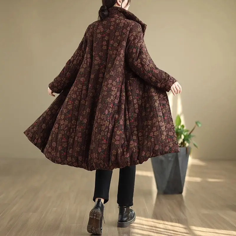 2024 Winter New Large Size Cotton Coat Casual Floral Warmth Loose Medium Length Vintage Fleece Jacket For Women Overcoat k2670