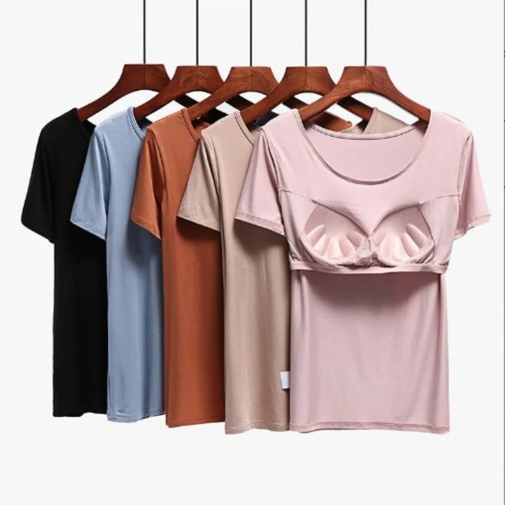 Solid Color Modal One-piece Seamless Tank Top Round Neck with Chest Pad Fitted Top Casual Short Sleeve Summer