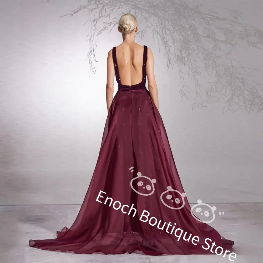 ENOCH Custom made Burgundy ชุดราตรีสแควร์คอเปิดกลับ Velour พรรคอย่างเป็นทางการชุดกระโปรง Organza Slit Sheath ชุดราตรี Dres