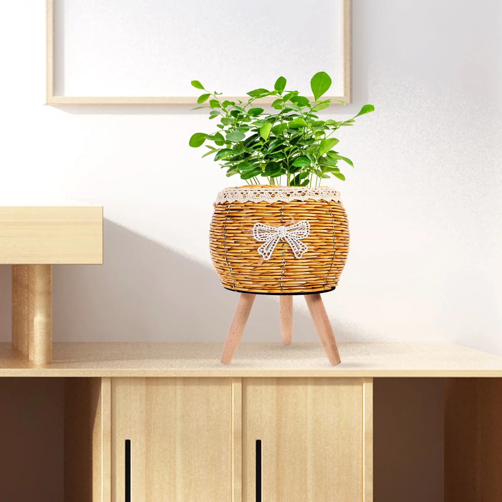 حامل نباتي منسوج حامل وعاء زهور خشبي ديكور منزلي داخلي تصميم بسيط حامل ثلاثي ثابت لغرفة المعيشة والمطبخ والحديقة والشرفة #1