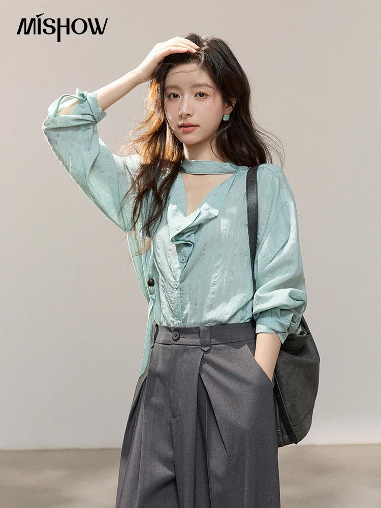 

MISHOW Women's Halter Neck Shirts Ribbon with Beads 2026 Spring Draped Front Casual Loose Pink Shirt office lady MXF14C2443