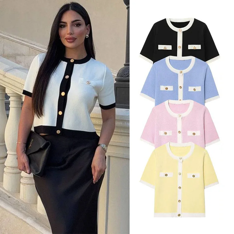 

Women Patchwork Knitted Sweaters Cardigan Female O-Neck Short Sleeve Button-Up Tops Chic Knitwear Ladies Fashion Outerwear