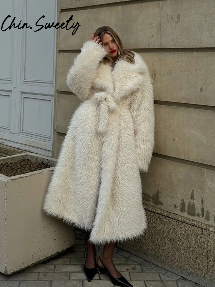 Casual Belt Faux Fur Long Women Coat Urban Full Sleeve Lapel Pocket Thicken Female Streetwear 2024 Winter Elegant Lady Outwear