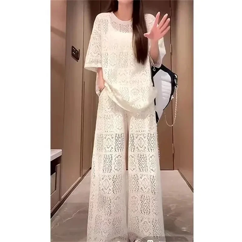 

French Female Fashion Hollow Out Shirt Suit Korean Lady Lazy Tops Pants 2PCS Spring Women Short Sleeved Pantalons Two Piece Set