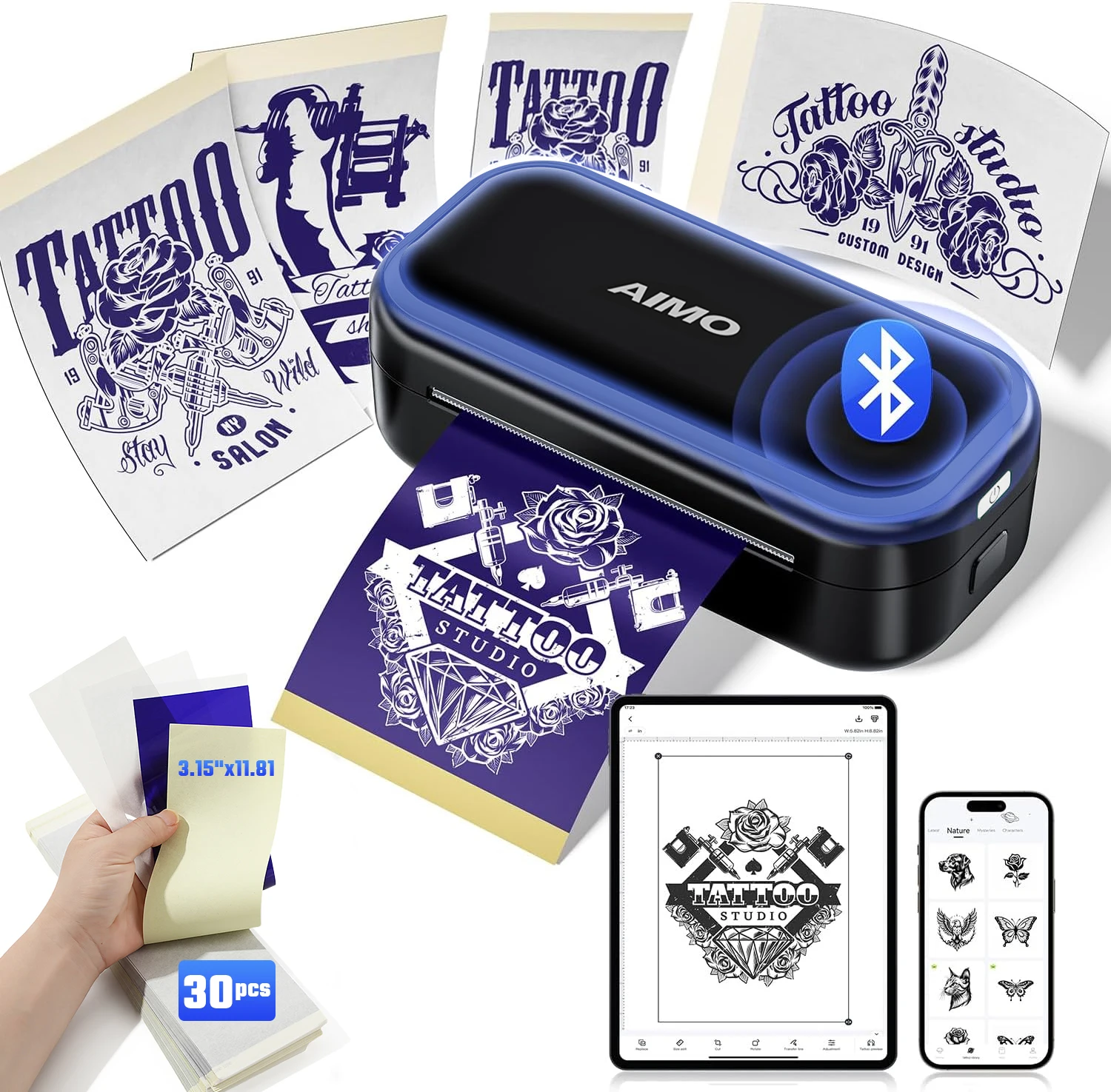 AIMO MR3 Mini Wireless Tattoo Stencil Printer Transfer Machine with 30pcs Tattoo Transfer Paper 2200mAh battery for Tattoo Art