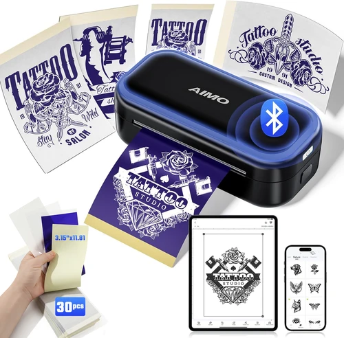 AIMO MR3 Mini impresora de plantilla de tatuaje inalámbrica, impresora de transferencia de tatuajes con 30 Uds. De papel de transferencia de tatuaje para artista de tatuajes
