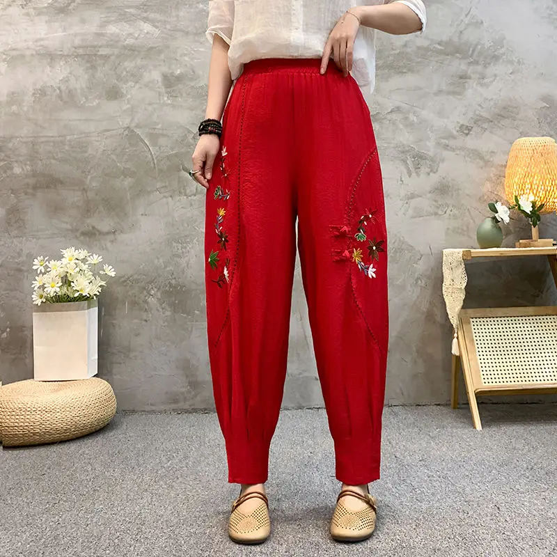Sommer Ethnischen Stil Bestickt Frauen Baumwolle Leinen Laterne Hosen Lose Abnehmen Harem