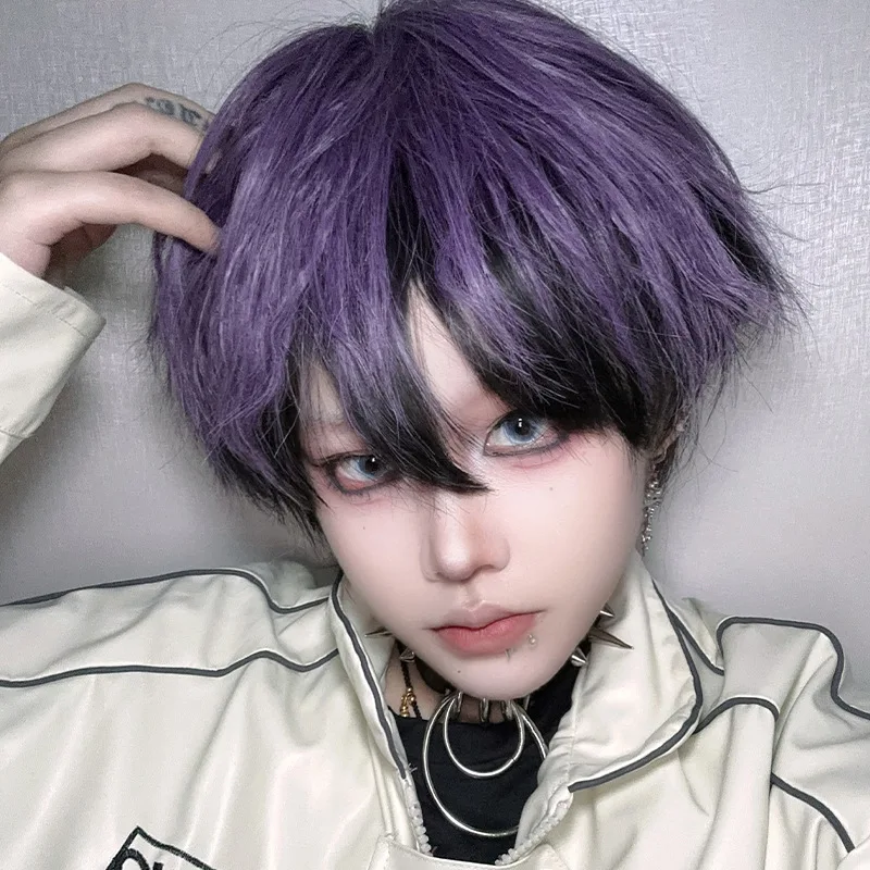 شعر مستعار، شعر قصير محايد، ألياف COS، شعر مقلد، أرجواني داكن، شعر بوب مصبوغ، شعر مستعار قصير