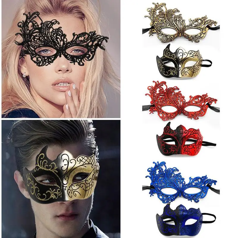 2pcs Elegant Black Lace Masquerade Mask Set For Couples Perfect For Venetian Party Mardi Gras And Halloween Celebrations