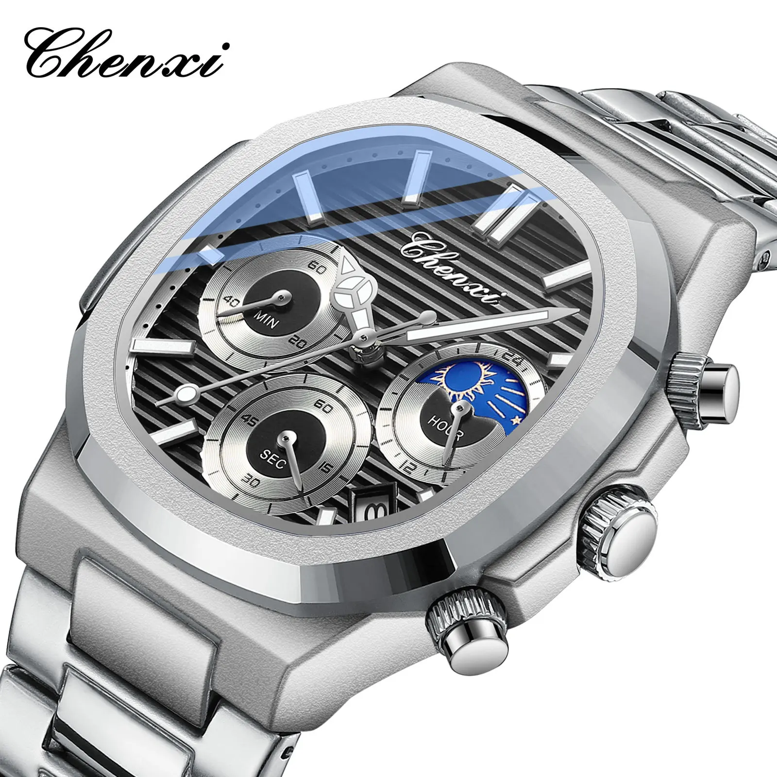 Dawn Multifunctional True Three-Eye Six-Pin Men's Watch Calendar Moon Phase Timing Octagonal Cross-border Live Quartz Watch