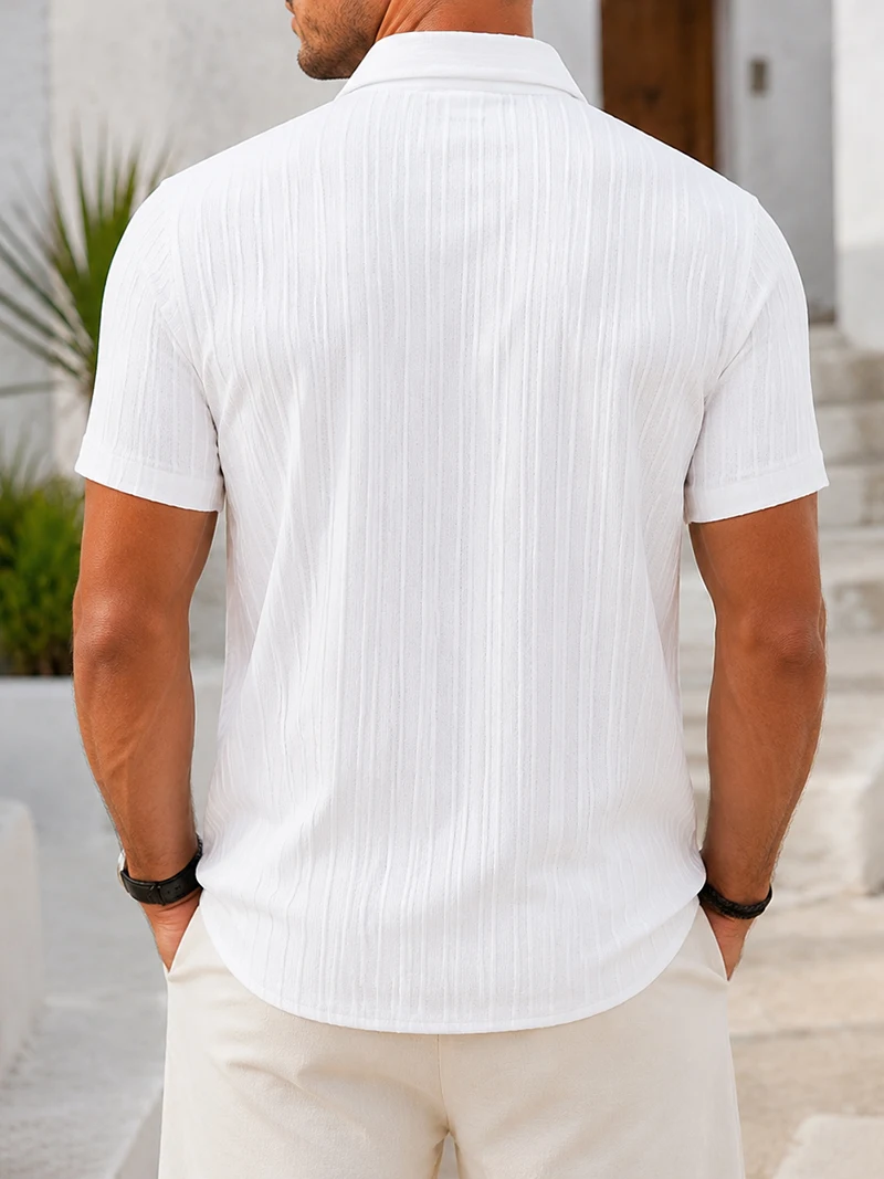 Herren Strukturiertes Kurzarmhemd Sommer Casual Button-Down-Hemd Locker Geschnittenes Atmungsaktives Oberteil mit Brusttasche für den Strandurlaub – Detail 5