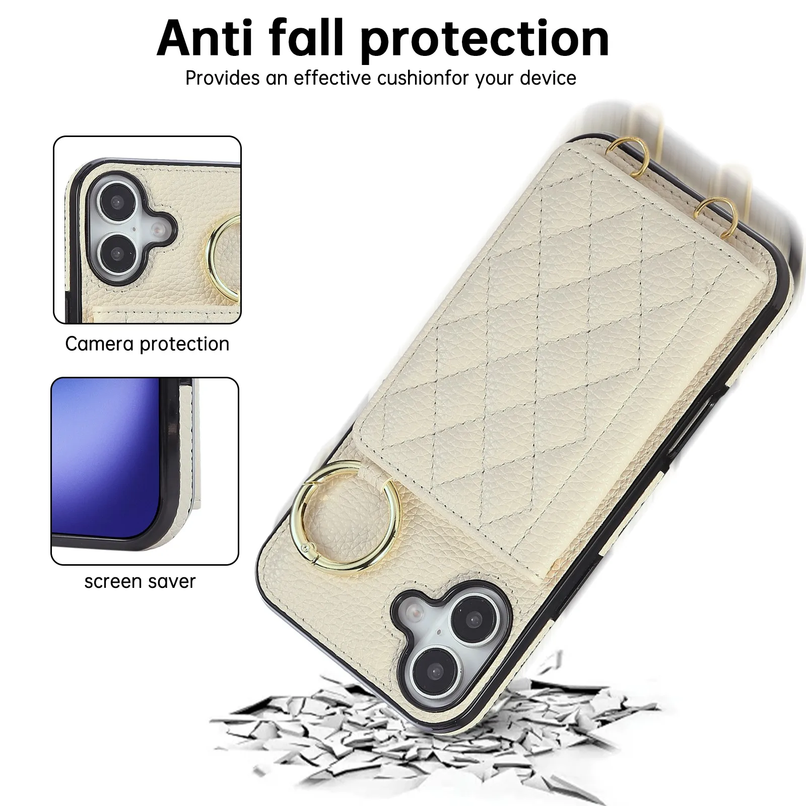 Elegant PU Leather Phone Case With Finger Ring&Shoulder Strap For Women For iPhone 17 16 15 13 12 11 8 7 6 Plus Pro Max 16e 17e view 3