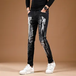 Pantalones vaqueros negros ajustados para hombre, pantalones elásticos ajustados con estampado de fiesta en club nocturno, moda urbana con personalidad