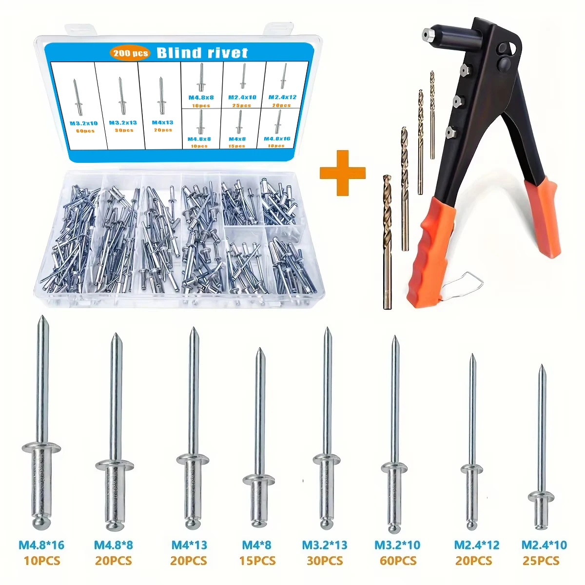 200-Piece Aluminum Blind Rivet Kit – 8 Sizes with Rivet Gun & 4 Drill Bits for DIY, Automotive, and Home Projects 1