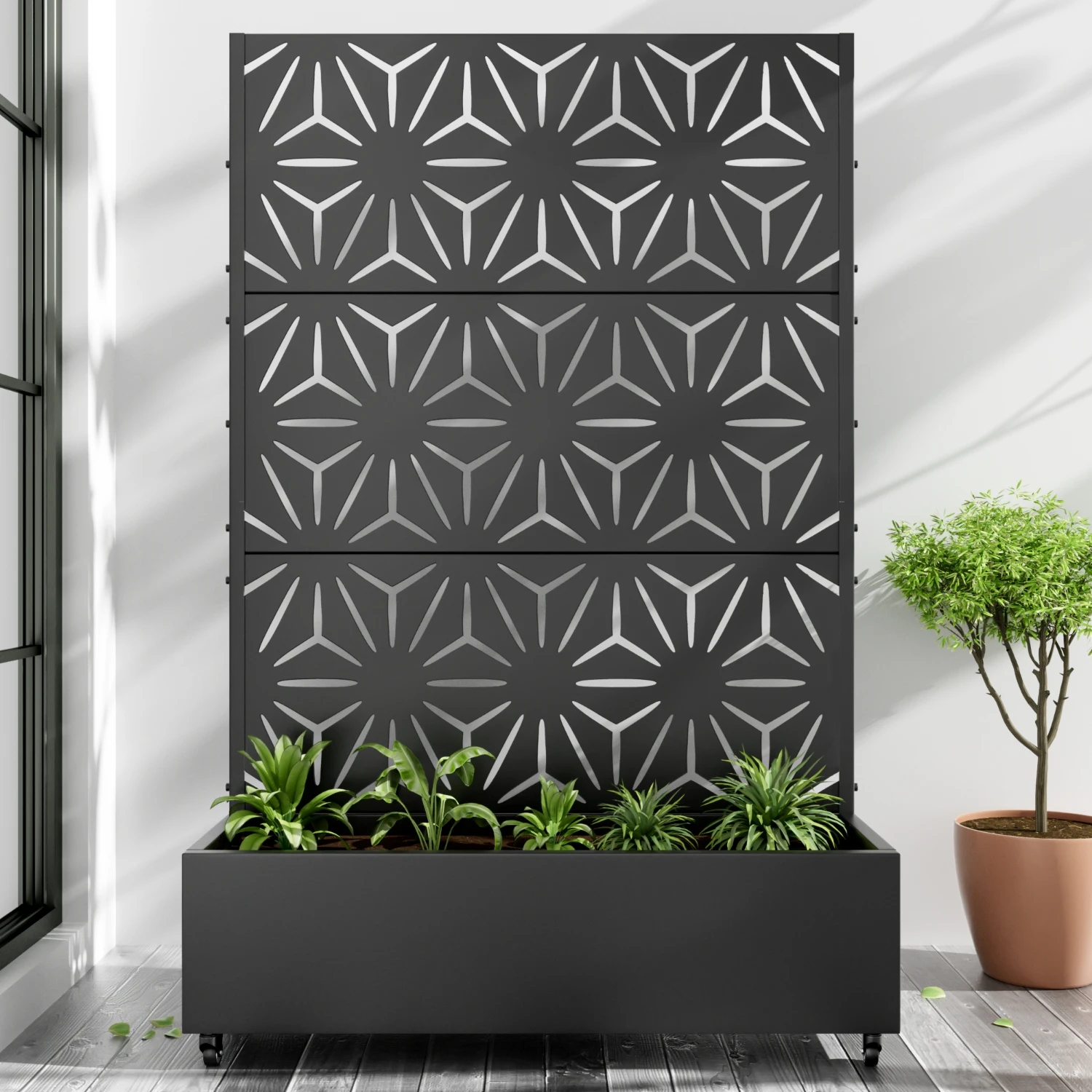 6 ft. H x 4 ft. W Metal Planter Box privacy screen Garden Bed with Trellis and Wheels - Black