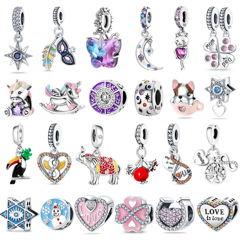 

NEW 925 Sterling Silver Lucky Four Leaf Unicorn Parrot Coloful Pendants Infinity Love Pink Heart Charms Fit Pandora Original DIY