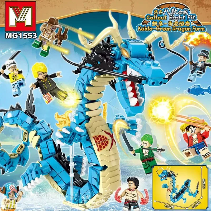 Bloques de Construcción MOC One Piece, Caja Sorpresa, Luffy Kaido, Ladrillos de Dragón, Modelo DIY, Figuras de Dragón Azul, Juguete Coleccionable para Niños, Regalo