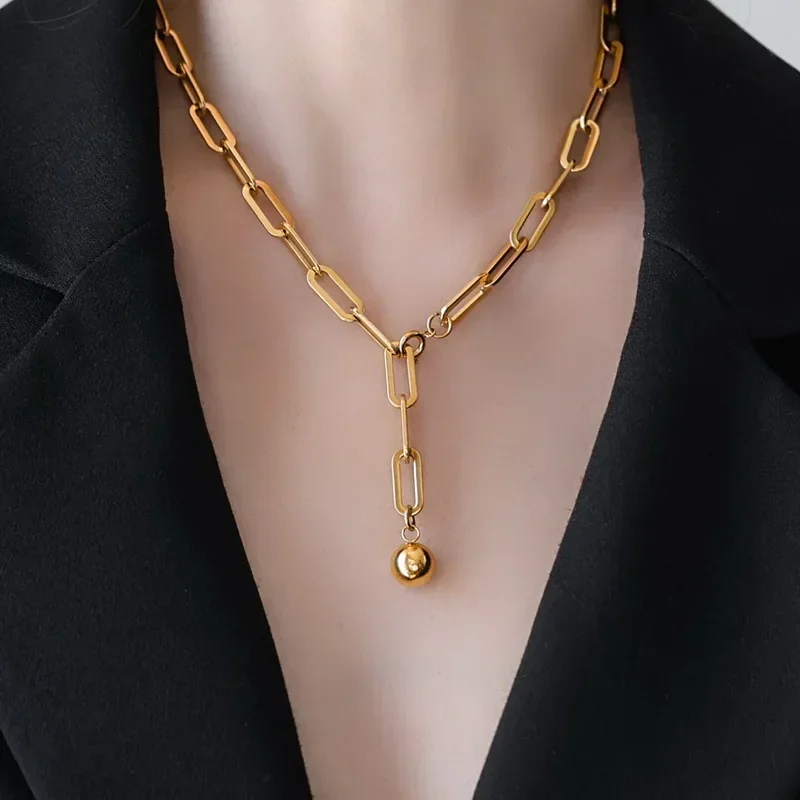 

Premium plated 18K gold thick chain small gold ball long necklace gift