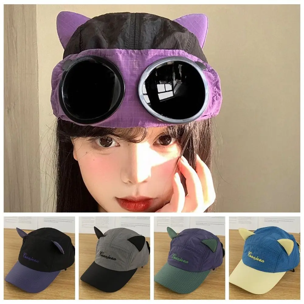نظارات الطيار النظارات الشمسية قبعة الطيار عكس ارتداء آذان القط قبعة بيسبول اللون مطابقة قابل للتعديل ظلة قبعة للجنسين السفر
