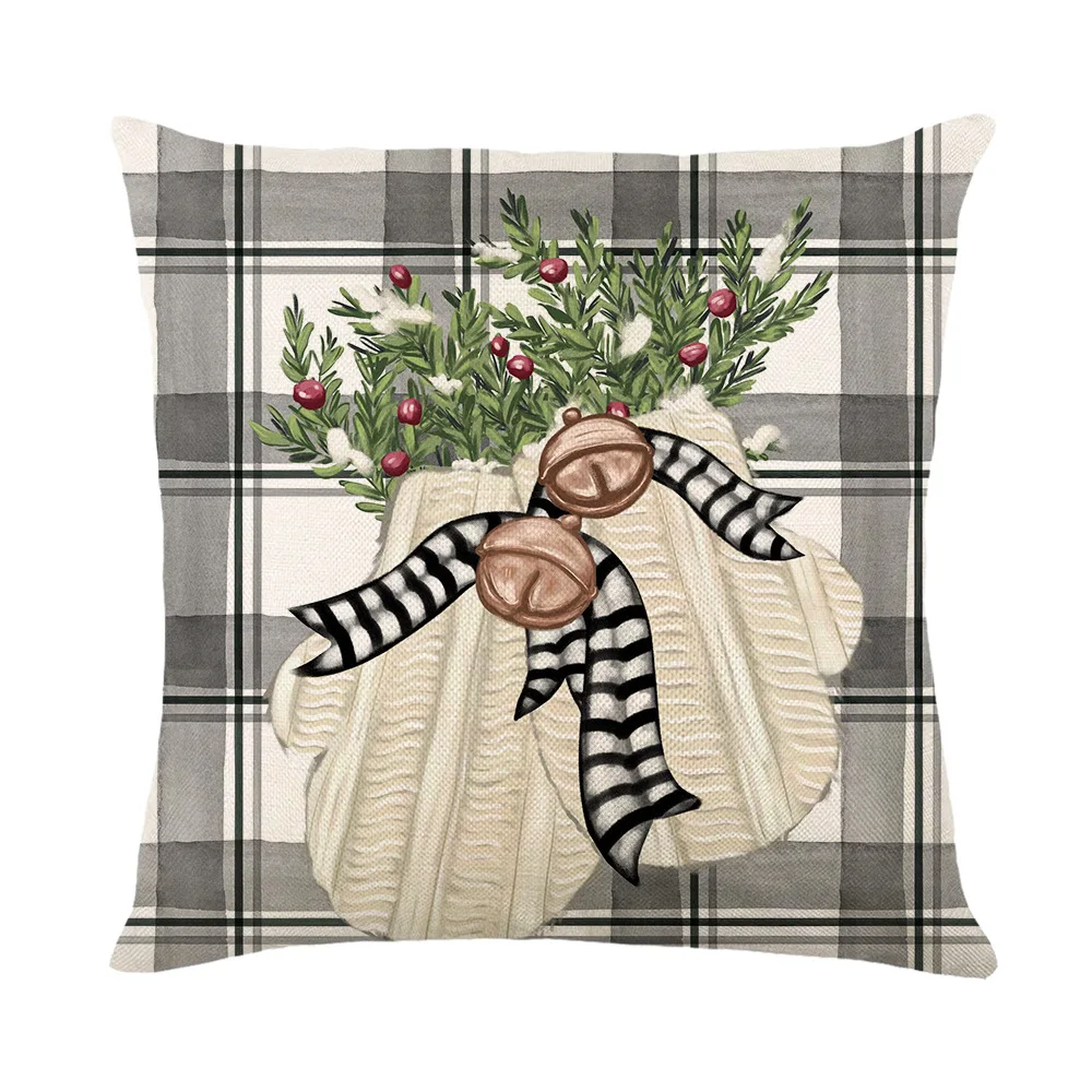 Christmas Pillow Covers Winter Holiday Xmas Decor Reindeer Gloves Tree Snowman Joy Snow Bell Grey Buffalo Plaid Cushion Cover