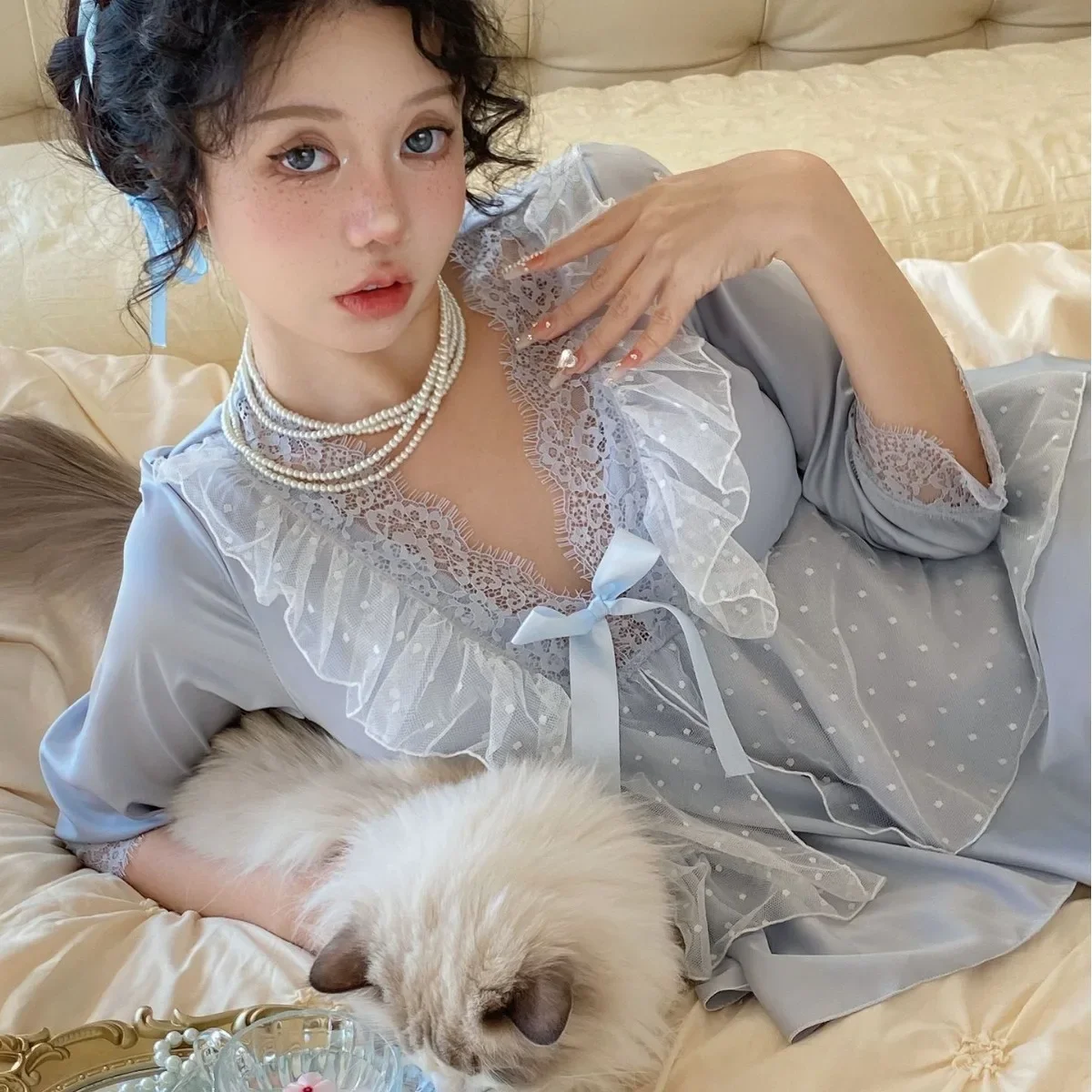 

Female Pajamas Set Lace Long Sleeve Pyjamas Lingerie Spring Autumn Silky Satin Sleepwear Women Print Nightsuits Loungewear