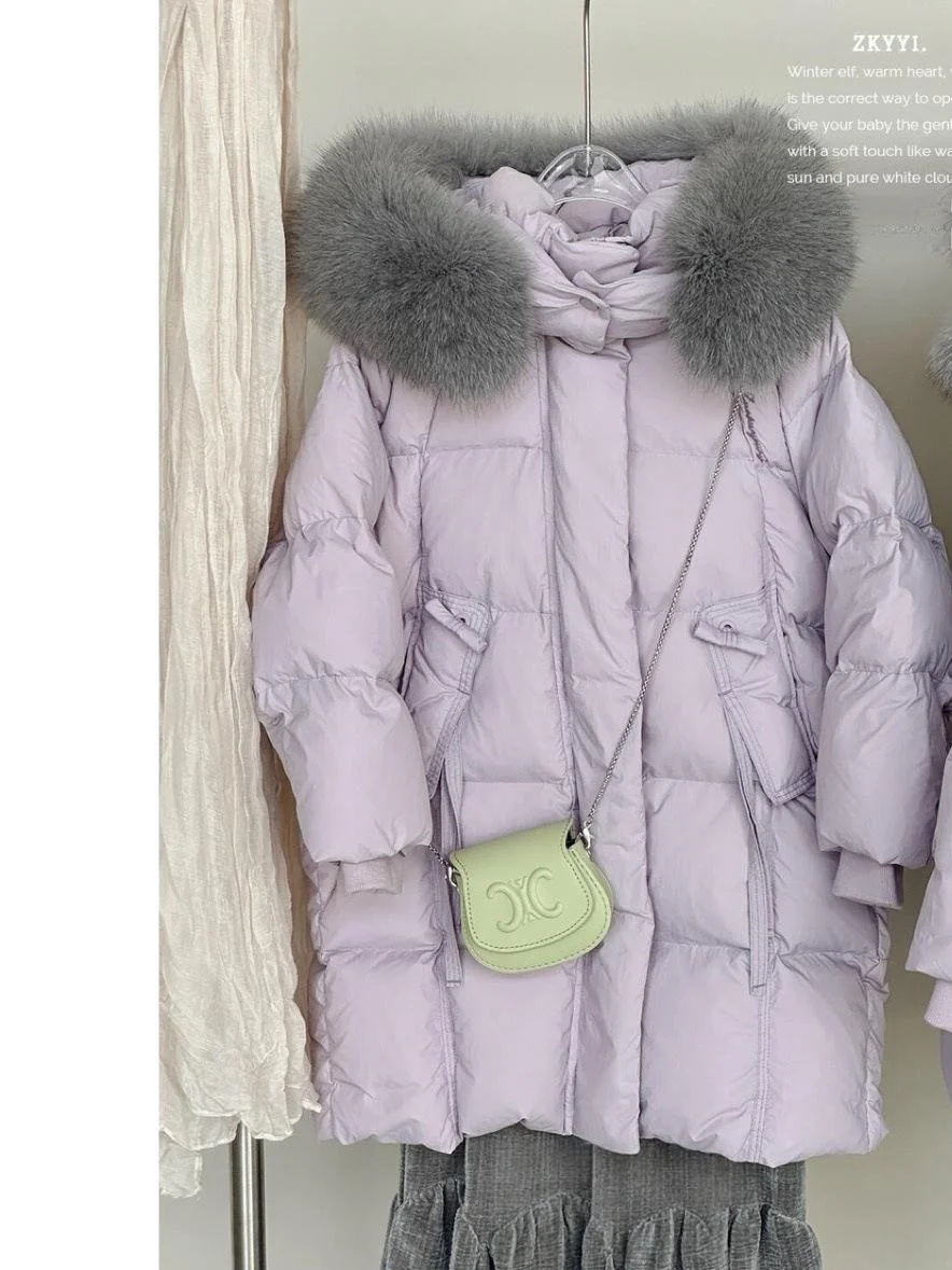 

Girls Winter Padded Cotton Jaet Hooded Large Fur Collar Casual Faionable Children's Warm Coat Korean Sle Long Sve