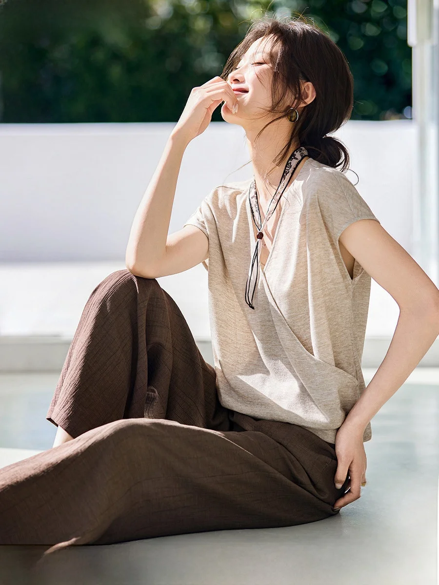 

Mo Han Mei 2026 Summer New V-neck Cross Front High-waist Wide-leg Pants Simple Commute Atmosphere Women's Set Fashionable ...