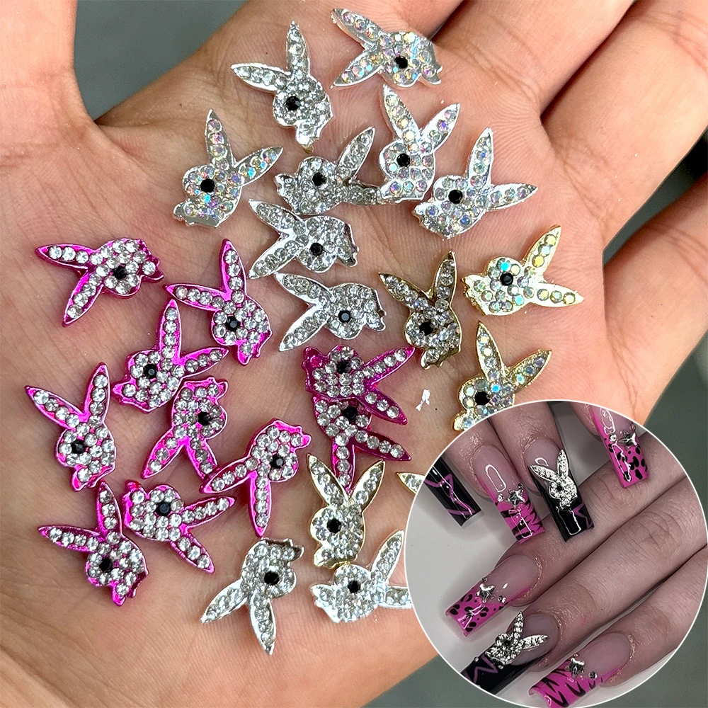10 szt. Luksusowe ozdoby do paznokci Y2k z pełnymi diamentami, króliczki 3D ze srebrnego stopu, brokatowe cyrkonie, biżuteria do paznokci 10*15mm, dekoracje do manicure