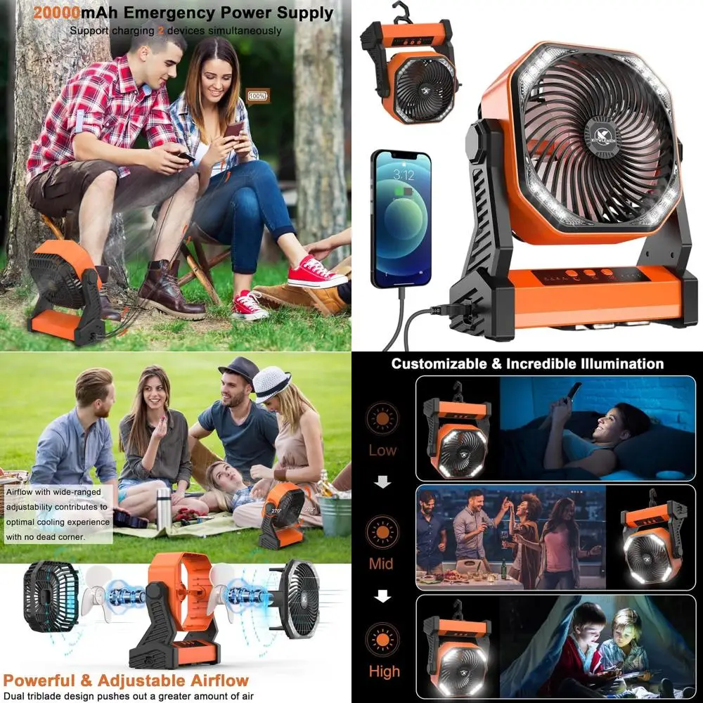 

Портативный вентилятор для кемпинга с питанием от аккумулятора 20000 мАч, 58 часов работы, 4 скорости, яркое освещение и крючок для подвешивания, для использования на улице и в экстренных ситуациях