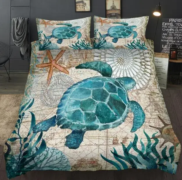 

New lovely bay turtle marine sea bed linen set adult/kid girl bed cover bed sheet sheet turtle full queen