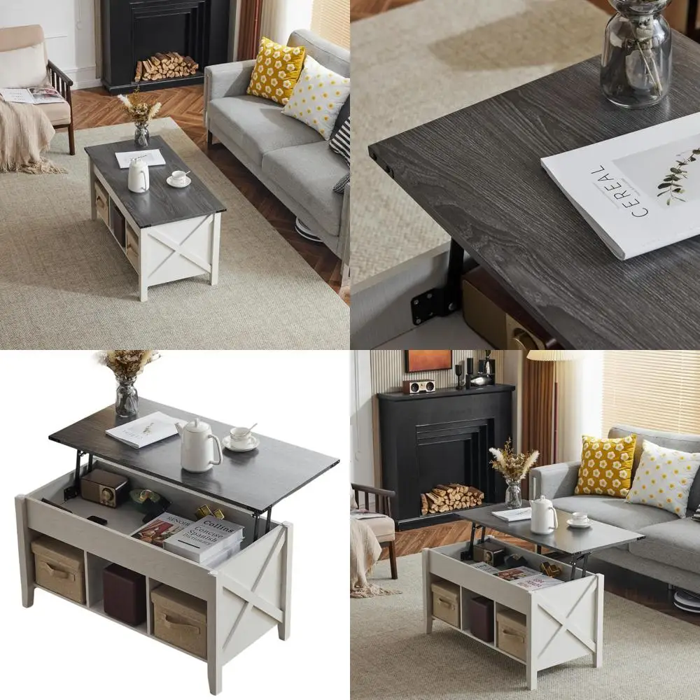 Rustic Grey Lift-Top Coffee Table with Storage Shelf and Hidden Compartment, 40 Long