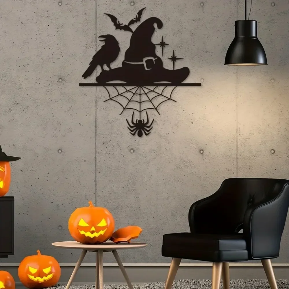 

1pc Alluring Halloween Metal Wall Decor: Witch Hat with Spider Web, Bat & Crow Sign. Appealing for Home and Party