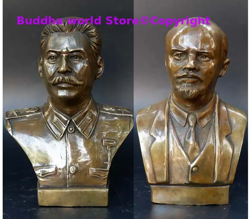 2PCS School history collection HOME Decorative art World War II Russia Soviet Union leader Lenin Stalin copper statue