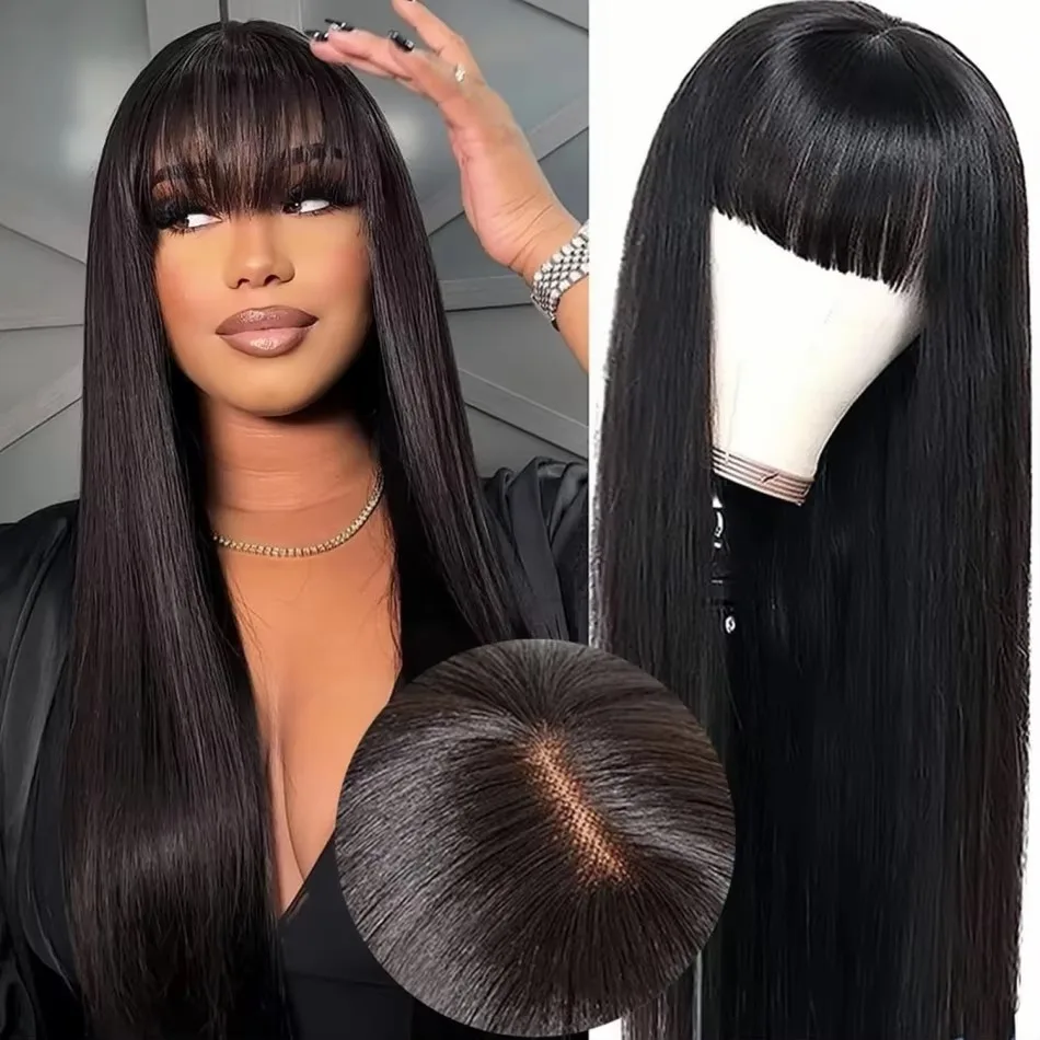 30 32 inch Bone Straight Human Hair Wig With Bangs 210 Density Full Machine Wigs 3X1 Middle Part Human Hair Wigs With Bangs For Women on Sale