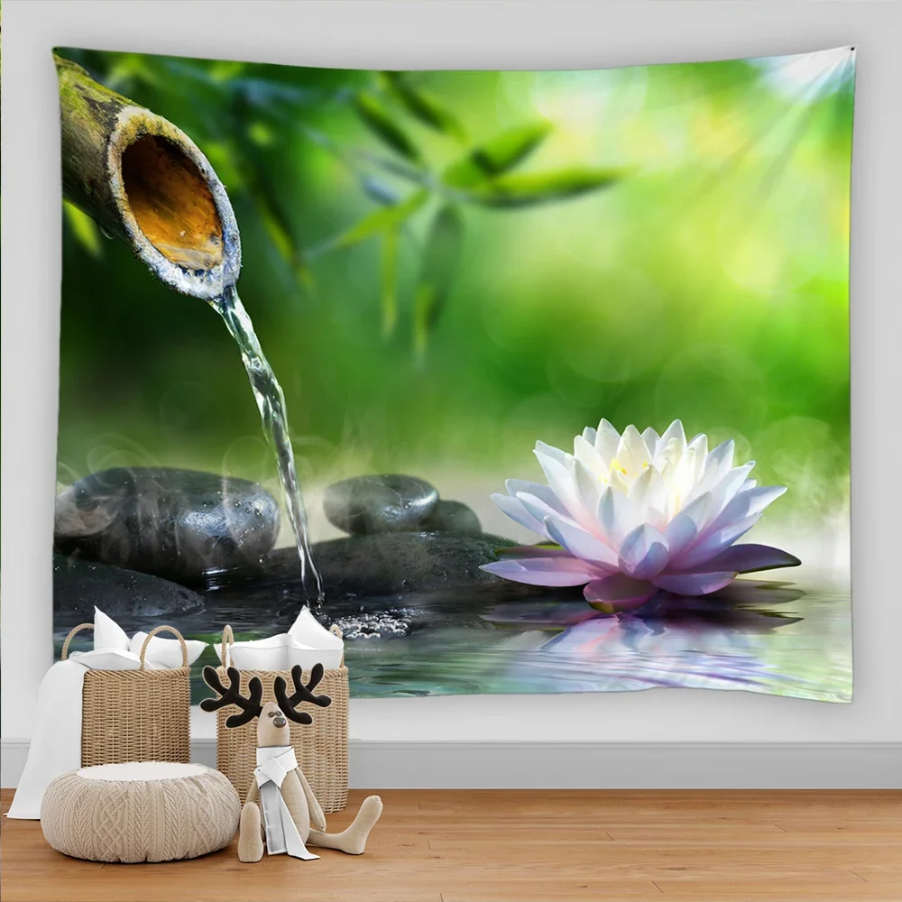 Zen Stone Garden Tapestry Wall Hanging Bamboo Running Water Flower Beach Towel Tapestries Blanket Yoga Mat Wall Cloth Rug Decor