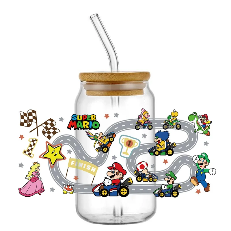 Miniso Mario 16 uncji DTF naklejki na kubki fajne personalizuj folia UV naklejka transferowa niestandardowe etykiety DIY Logo samoprzylepne wodoodporne