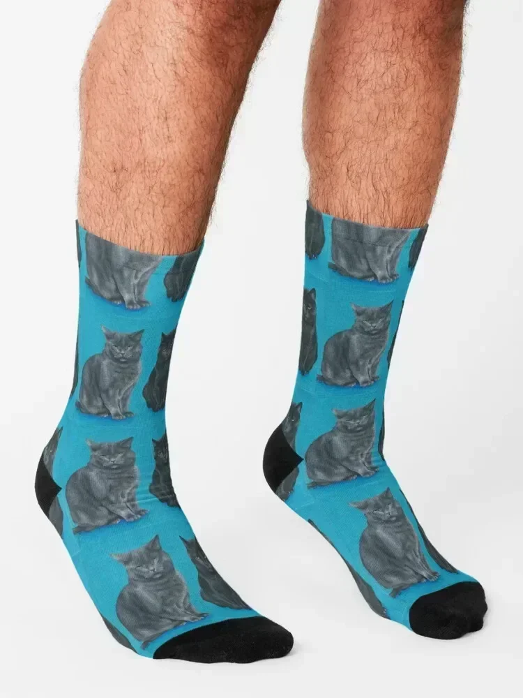 Chaussettes de dessin animé de portrait peintes à la main pour hommes et femmes, ensemble de basket-ball, deux chats impuissants, hiver