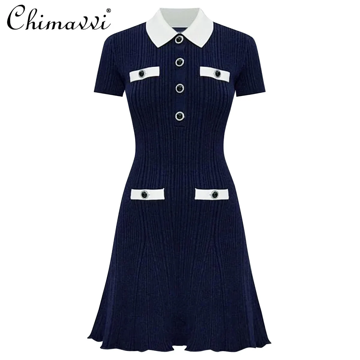 

2025 Autumn Clothes New Fashion Turn-Down Collar Short Sleeve Slim-fit Knitted Dress Women's Commuting Elegant Short Dresses