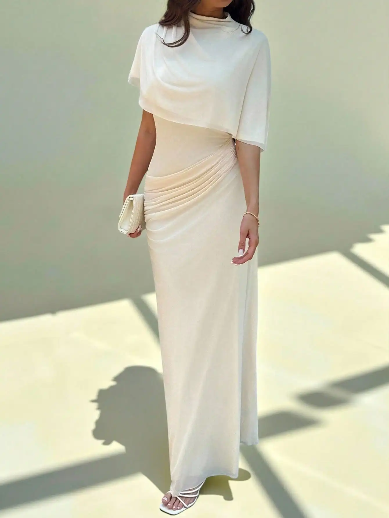 

Cream Draped Cowl Neck Long Dress with Ruched Waist and Short Sleeves