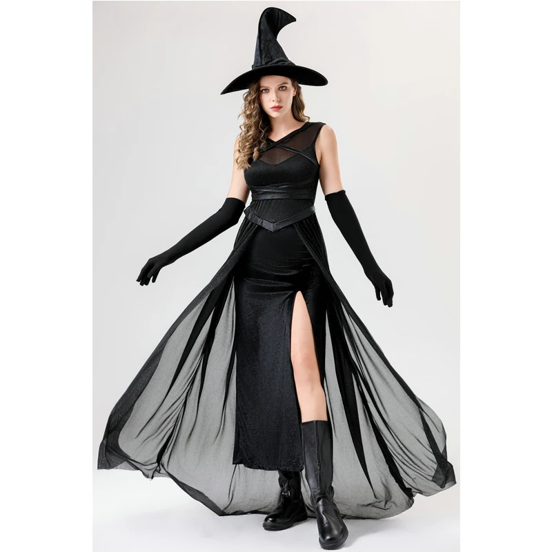 NEW Lady Gothic Black Witch Costume Medieval Enchantress Spooktacular Cosplay Carnival Halloween Fancy Party Dress