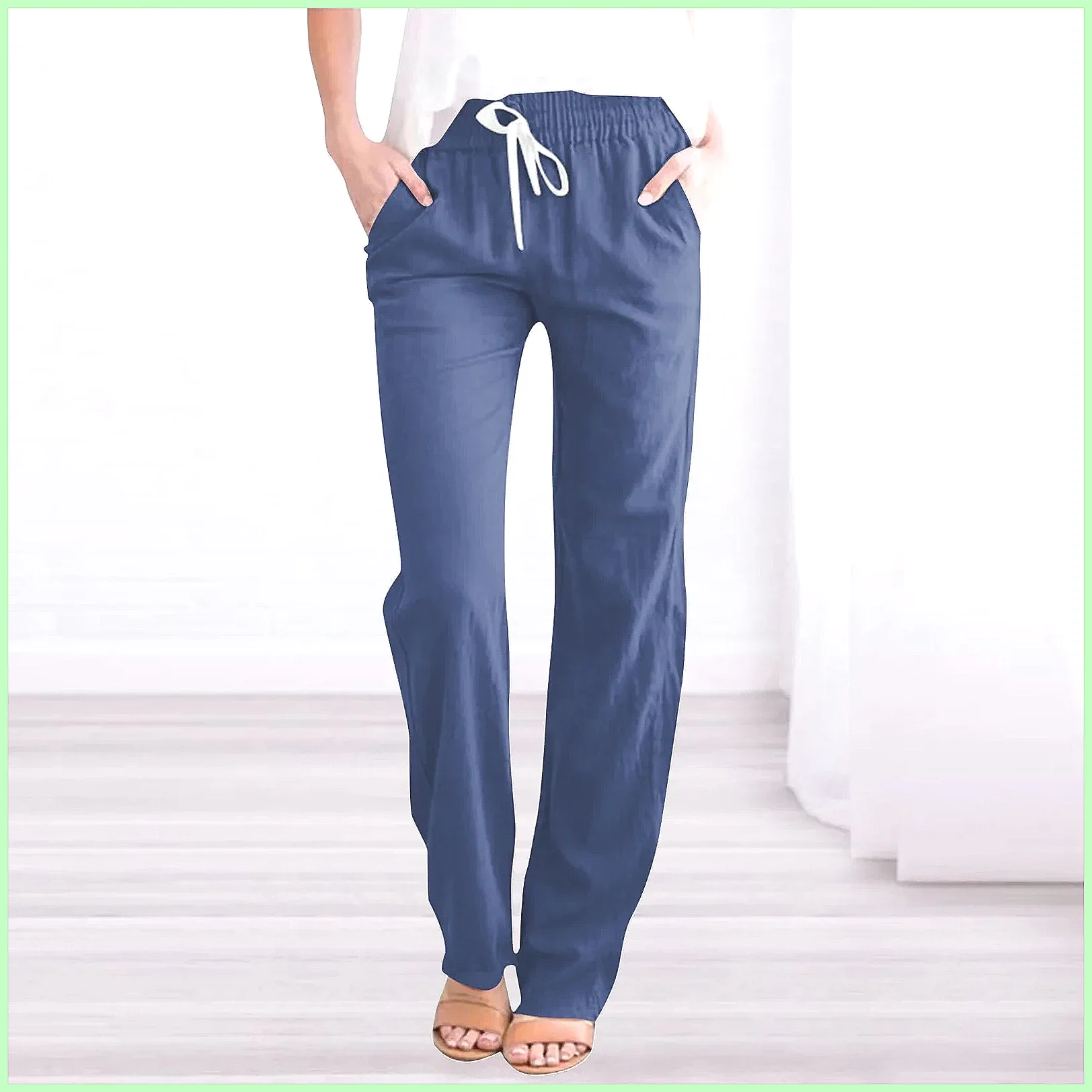 Women's Retro Wide Leg Pants, Loose Cropped Trousers with Drawstring & Pockets, Casual Solid Color
