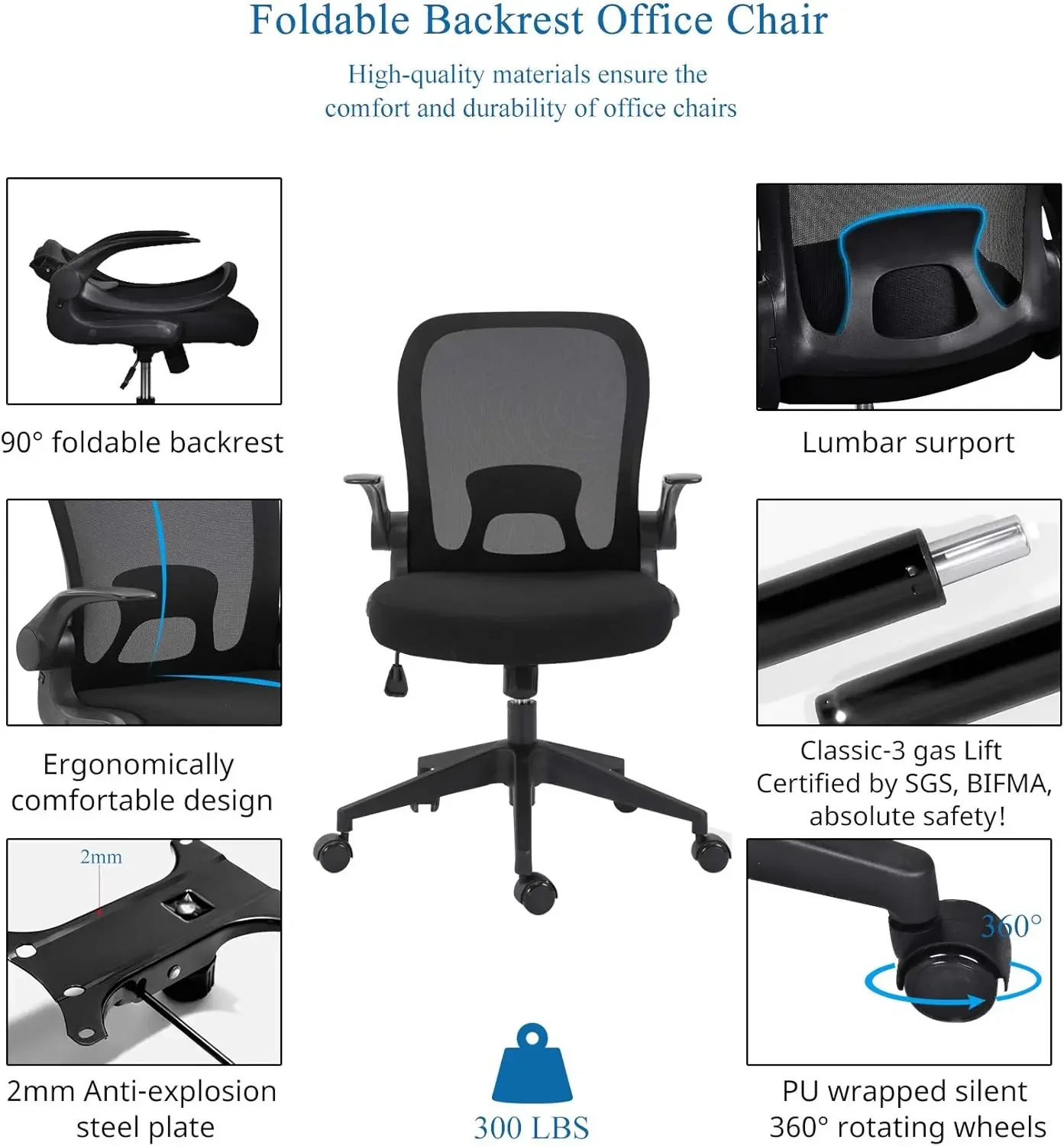 Foldable Office Chair - Home Office Desk Chairs with Flip-Up Arms and Foldable Backrest, Mesh Computer Chair Foldable Exec