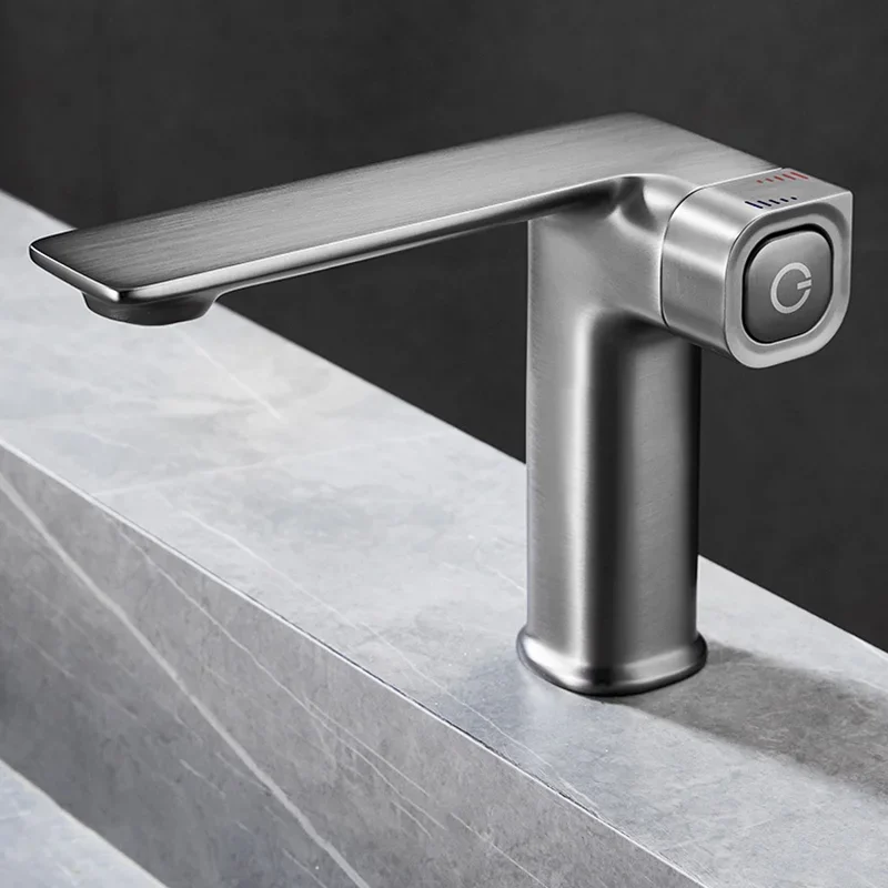 Sitting Single Handle Undercounter Basin Faucet In Advanced Grey Metal For Vanity Bathroom Sink Hot And Cold Water Washbasin Tap