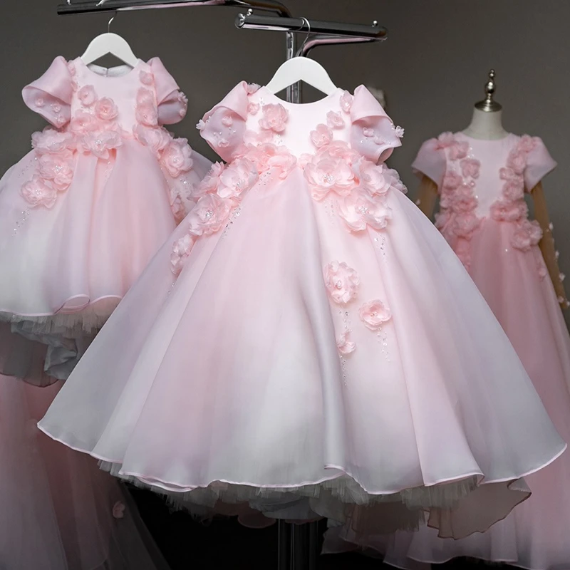 

2026 New Tulle Floral Gown Baby First Birthday Party Outfit Pink Girls Princess Dress Kids Pageant Formal Celebration Children